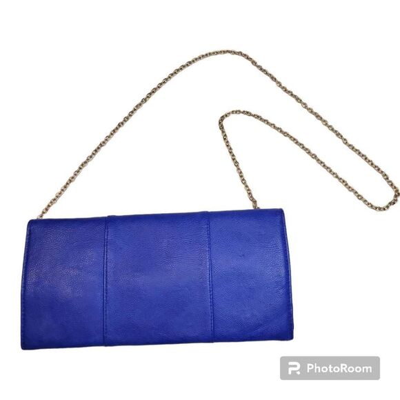Miztique Blue with Gold Studs and Chain Vegan Leather Crossbody Clutch Purse - Picture 2 of 5